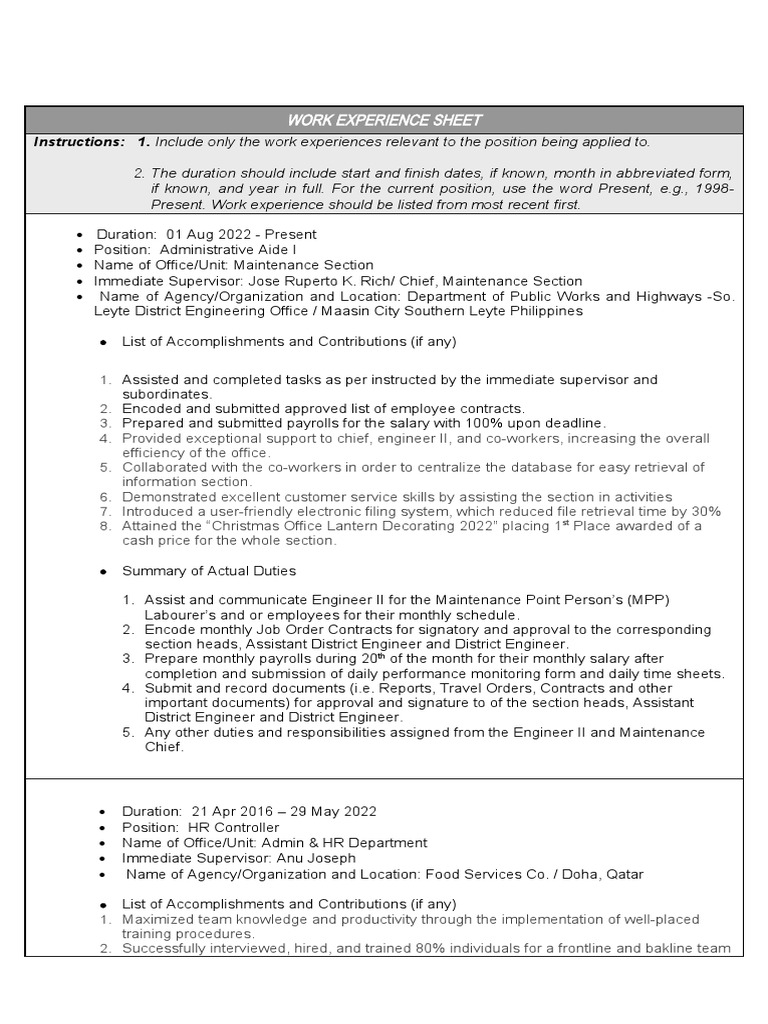 Work Experience Overview for Engineering Roles | PDF | Employment ...