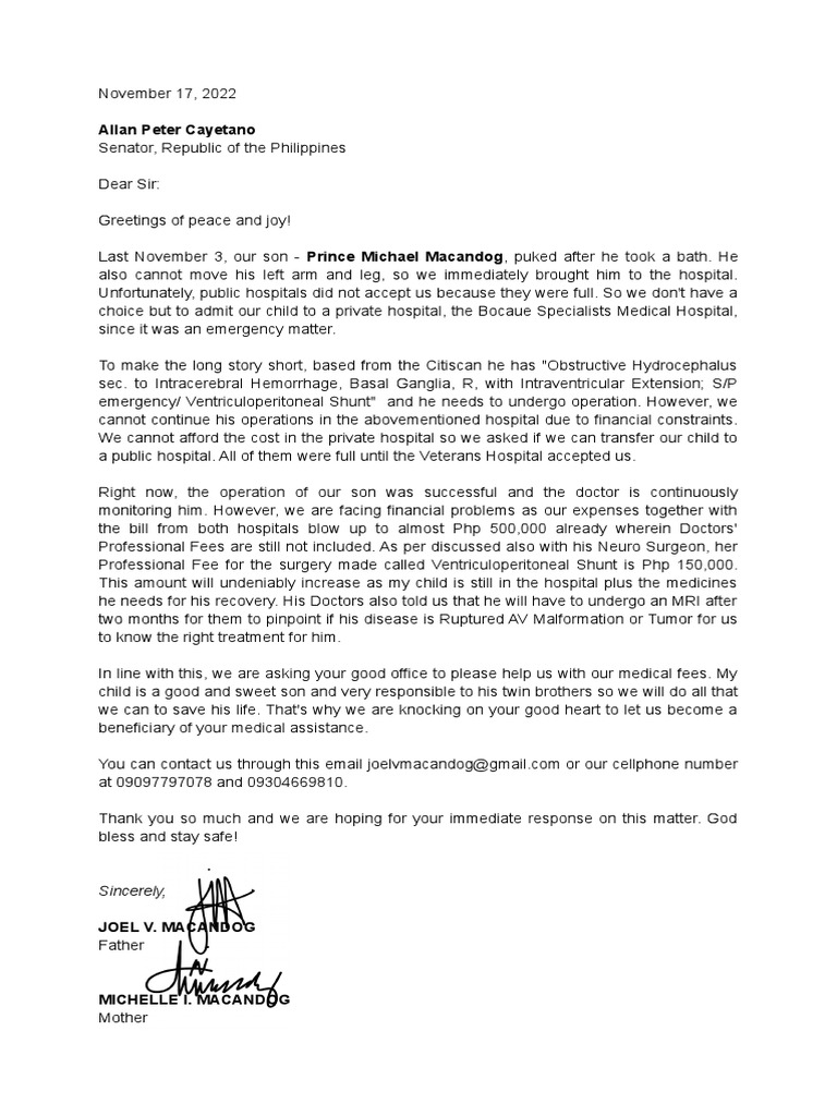 Request for Medical Assistance for Son | PDF