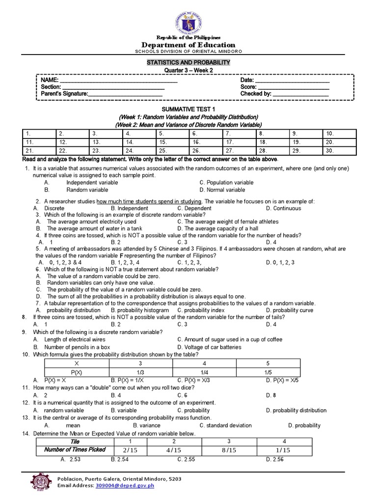 Quarter 3 Summative Test: Statistics | PDF | Random Variable ...