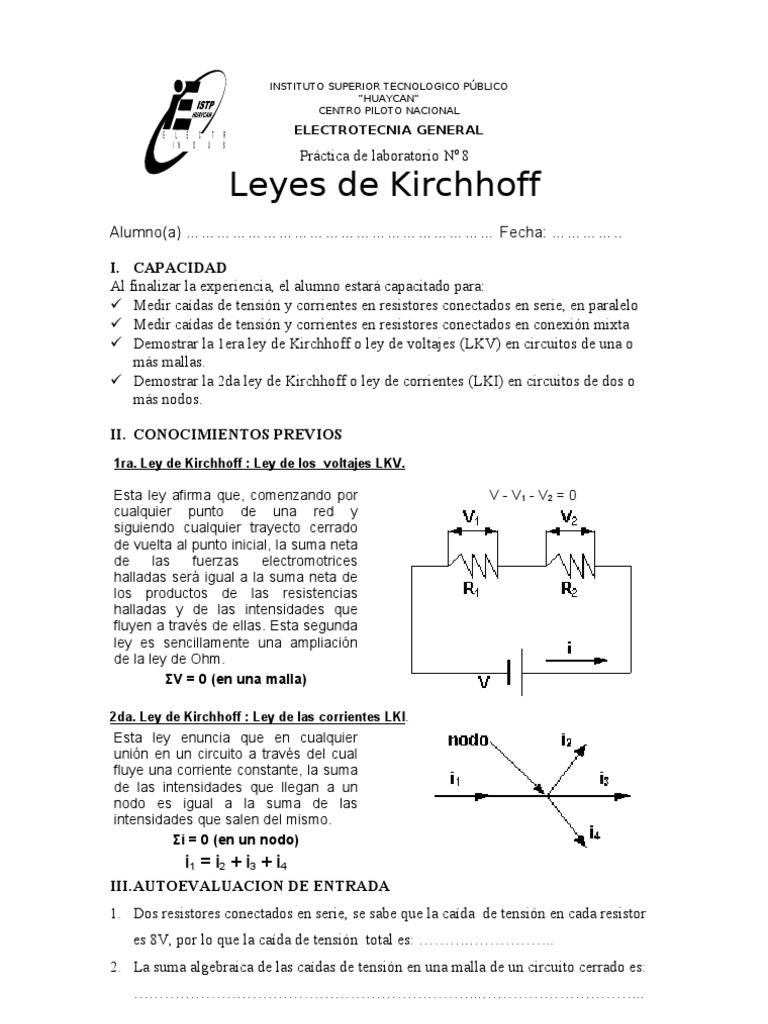 Laboratorio 8 Leyes de Kirchhoff PDF Red eléctrica