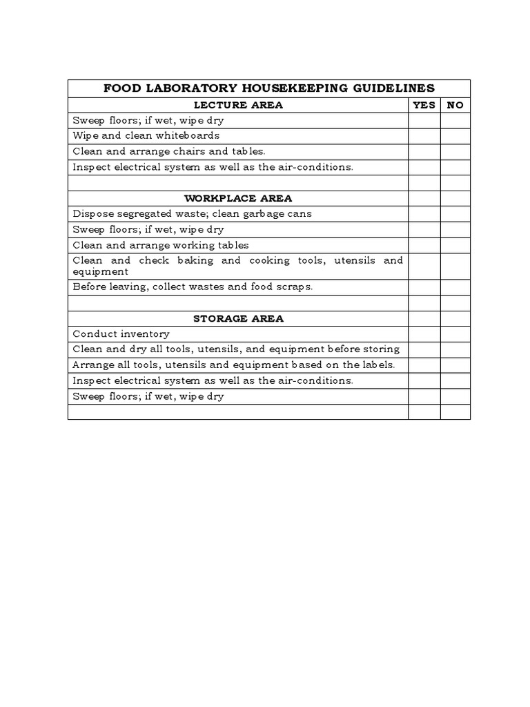 Food Laboratory Housekeeping Guidelines Lecture Area Yes No PDF