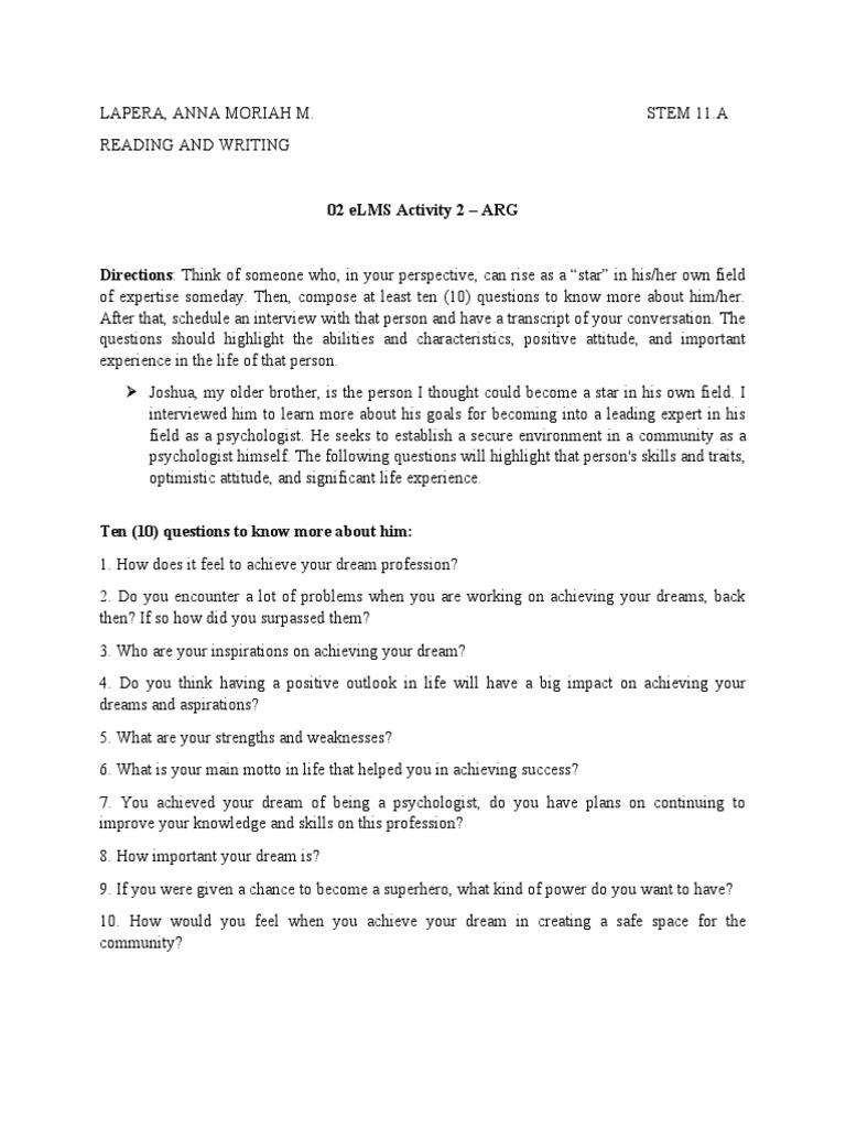 02 eLMS Activity 2 - ARG | PDF | Expert | Dream