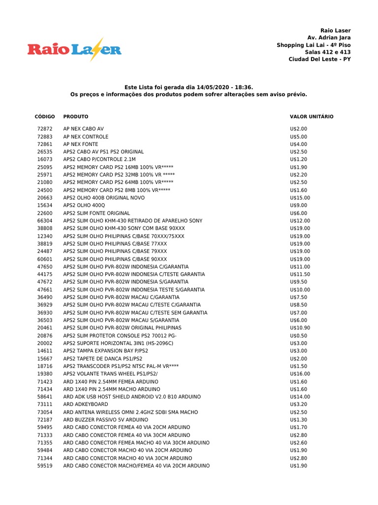 Lista Raiolaser | PDF | Engenharia da Computação | Bens manufaturados