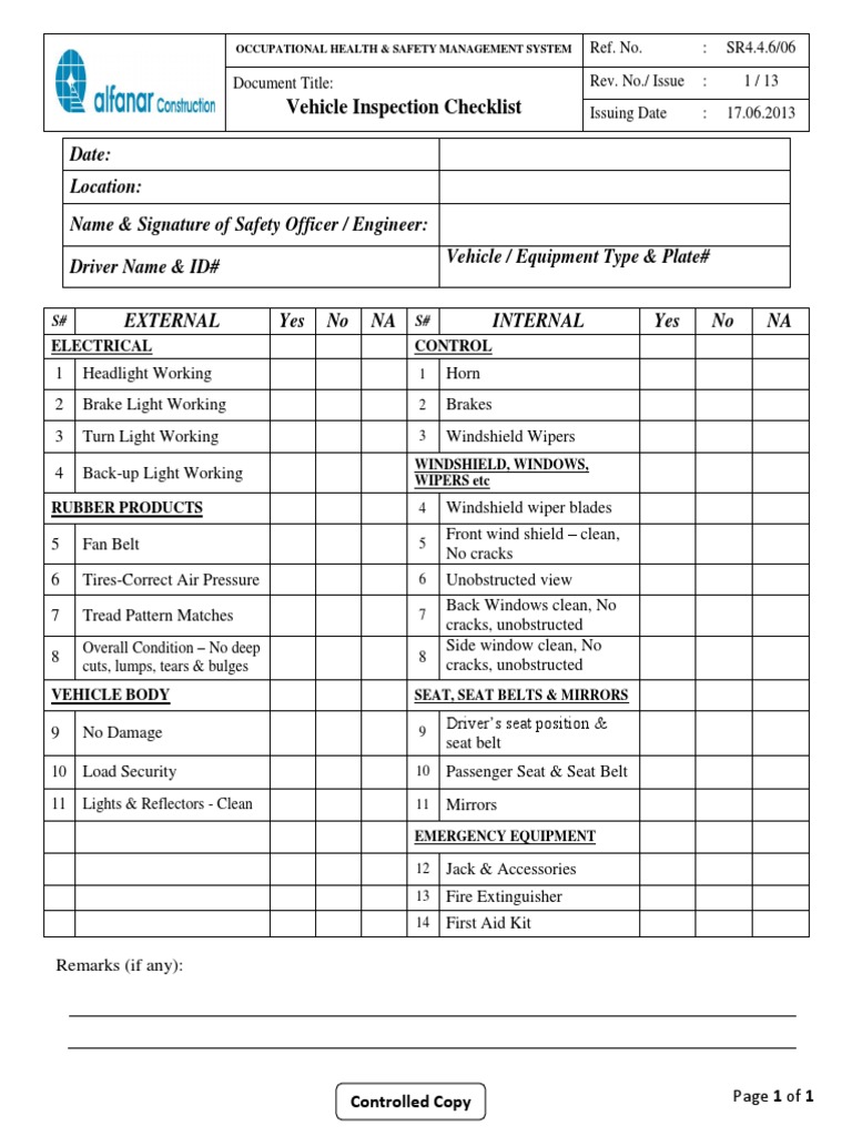 Vehicle Inspection Checklist PDF Seat Belt Vehicles