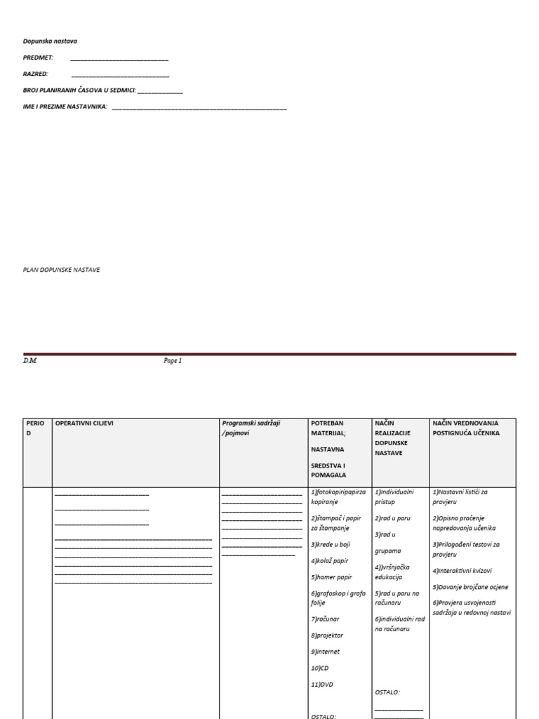 Dopunska Nastava Obrazac | PDF