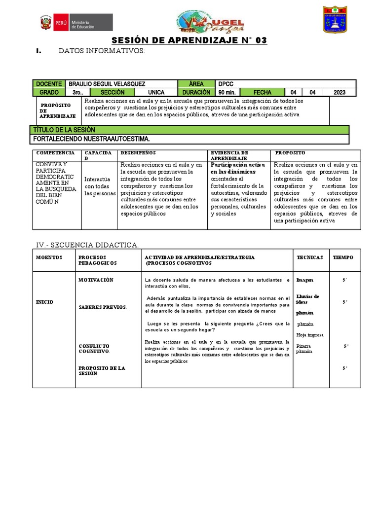 1ro SESION 3 DPCC 3 | PDF | Aprendizaje | Salón de clases