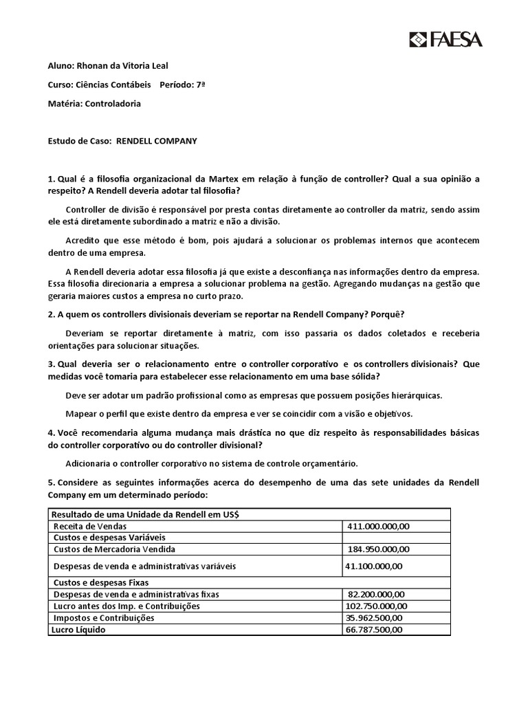 Estudo de Caso RENDELL COMPANY CONTROLADORIA PDF Economia de