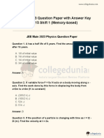 JEE Main 2023 Question Paper With Answer Key April 15 Shift 1 (Memory-Based)