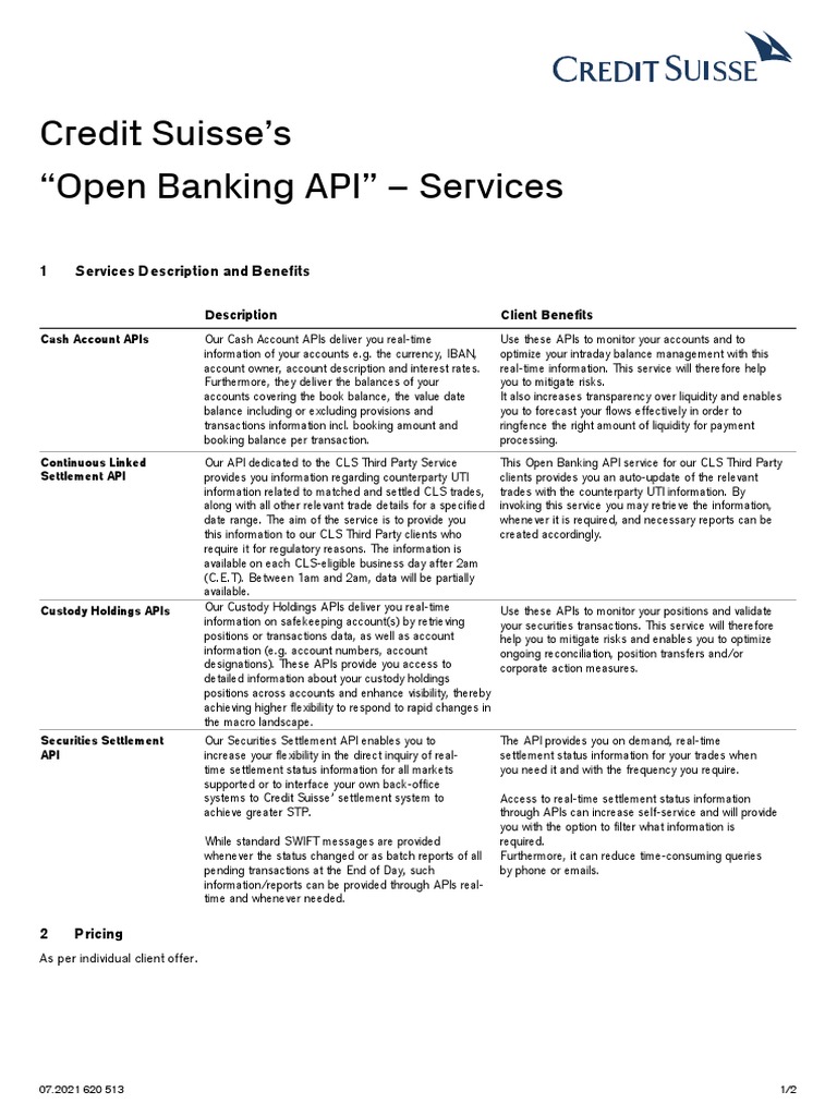 Open Banking Api Service Factsheet Pdf Information Credit Suisse