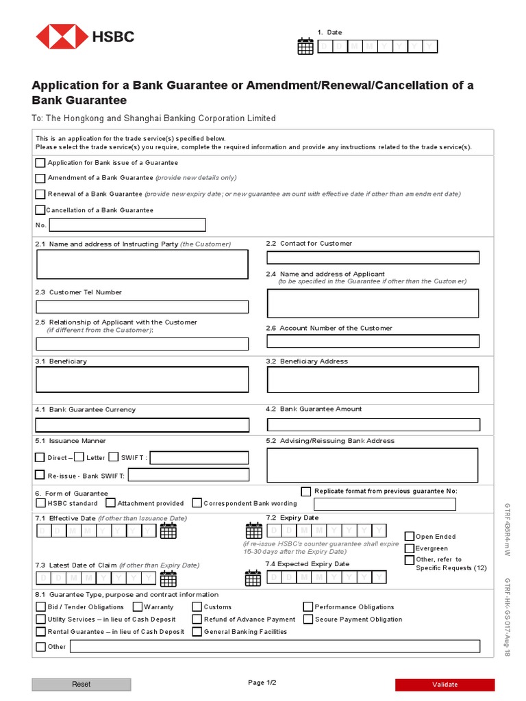 Application for a bank guarantee or amendment renewal cancellation of a