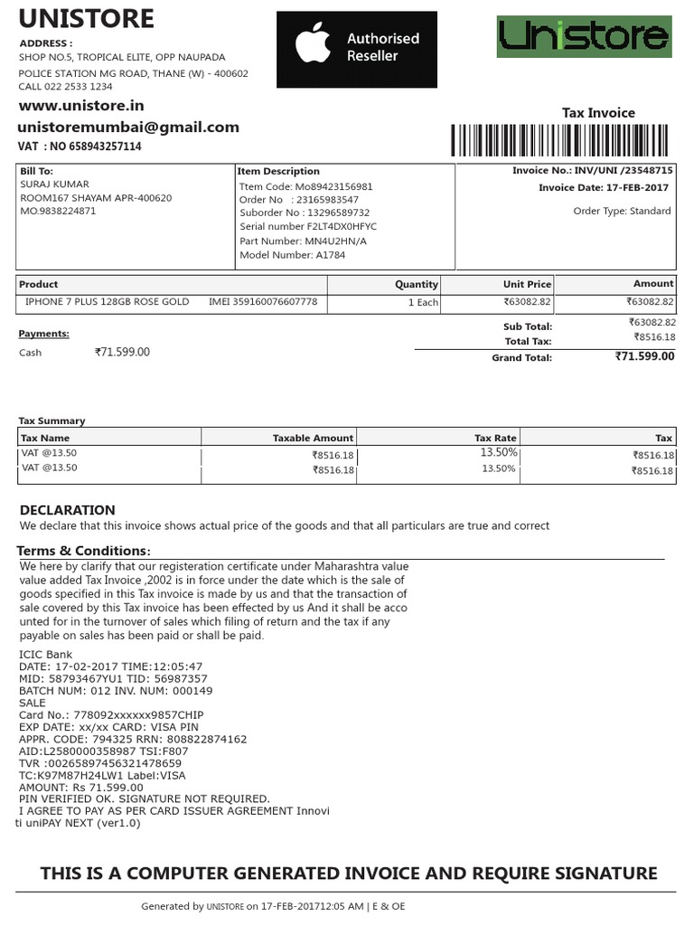 WWW - Unistore.in: This Is A Computer Generated Invoice and Require ...