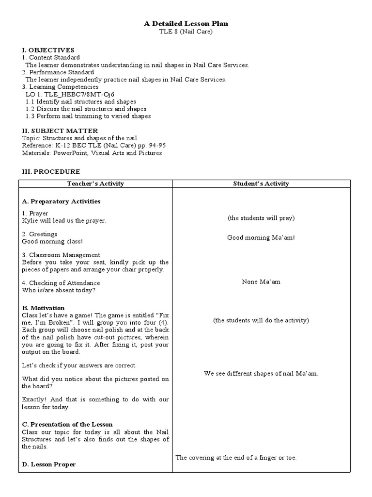 Grade 8 Nail Care Lesson Plan | PDF | Nail (Anatomy) | Learning