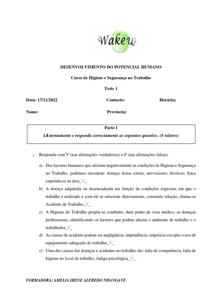 Correcao Do Teste 1 HST Amelia Irene | PDF | Higiene