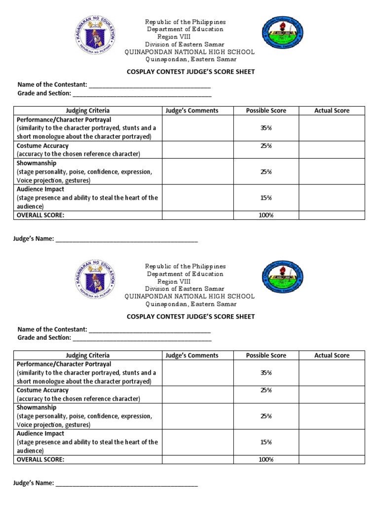 Judges Scoring Sheet | PDF | Cosplay | Performing Arts