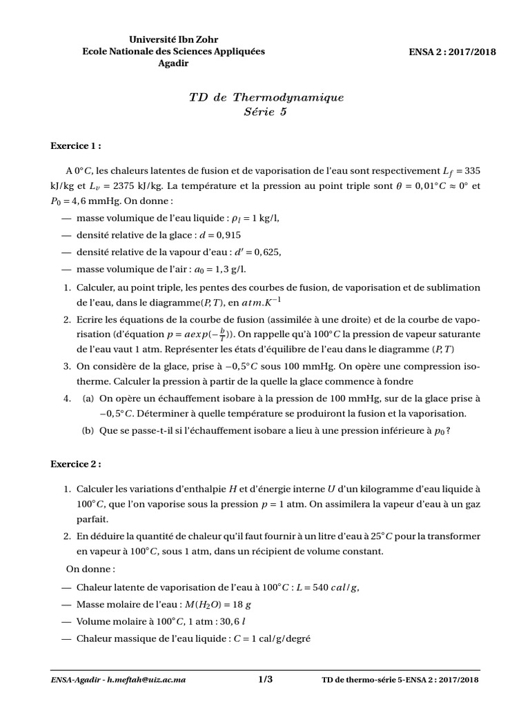 TD5 Thermo | PDF | Enthalpie de changement d'état | Pression
