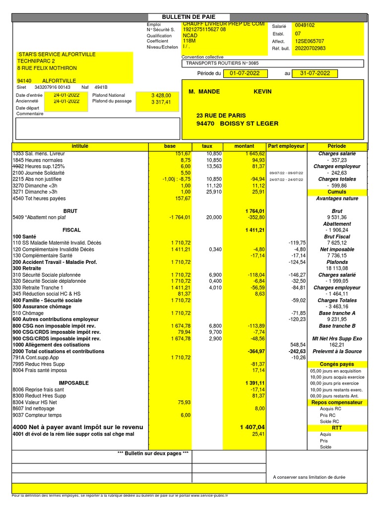 Bulletin de paie Chauffeur Livreur | PDF | Impôt sur le revenu ...