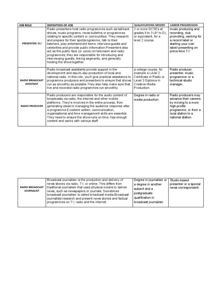 Job Roles PDF Journalism Broadcasting
