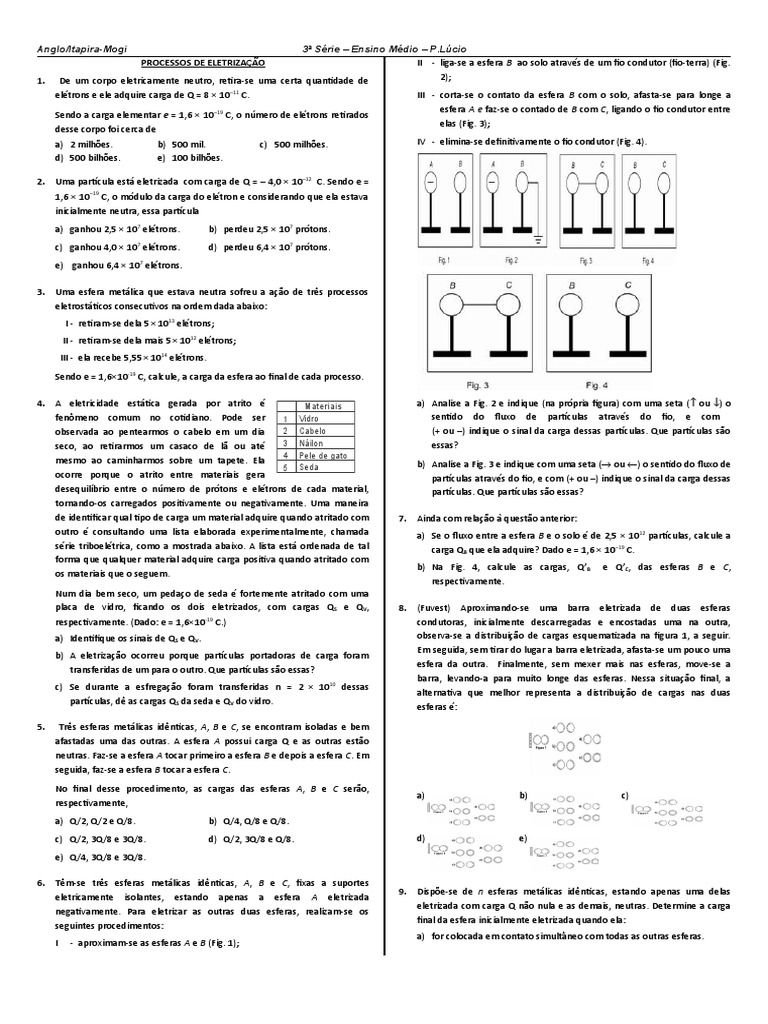 Exercícios de Eletrização e Força Elétrica | PDF
