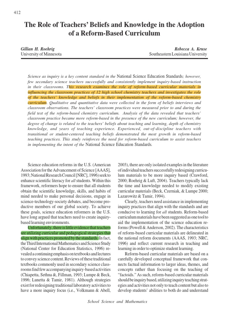 The Role of Teachers' Beliefs and Knowledge in The Adoption of A Reform ...