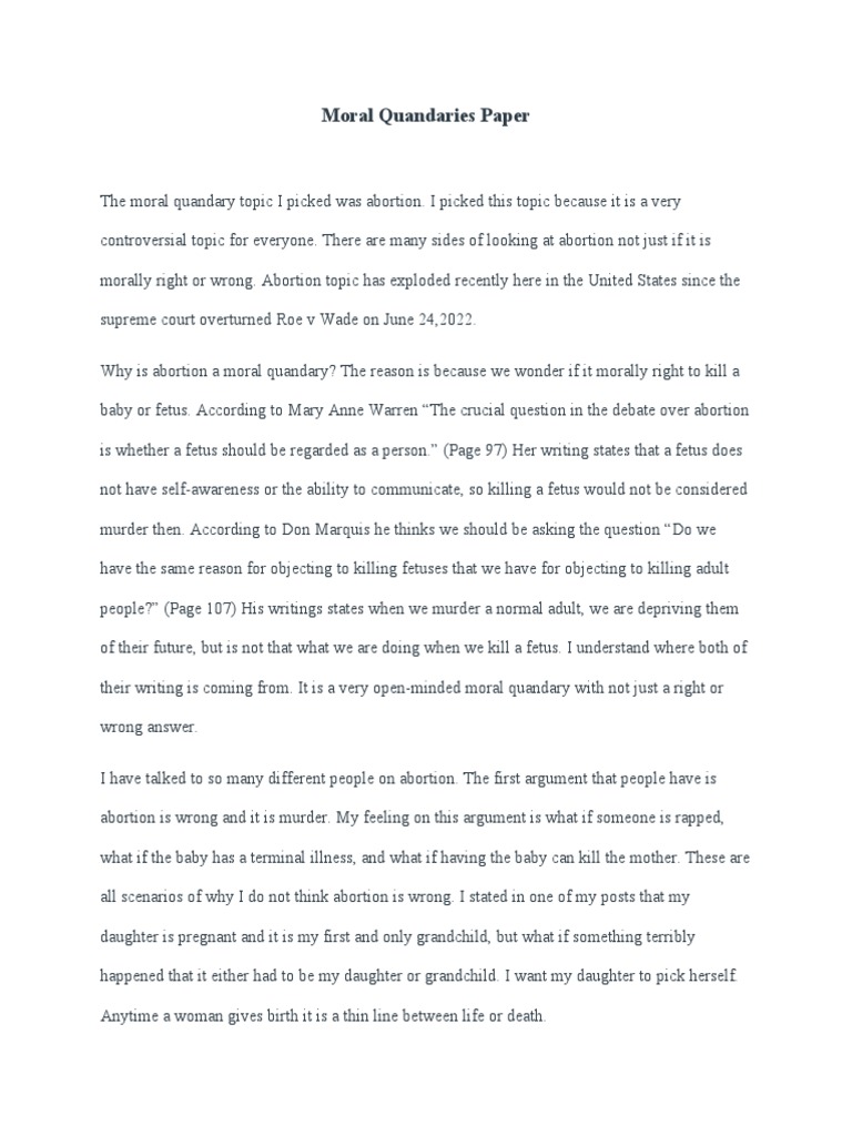 Moral Quandaries Paper PDF Abortion Roe V. Wade