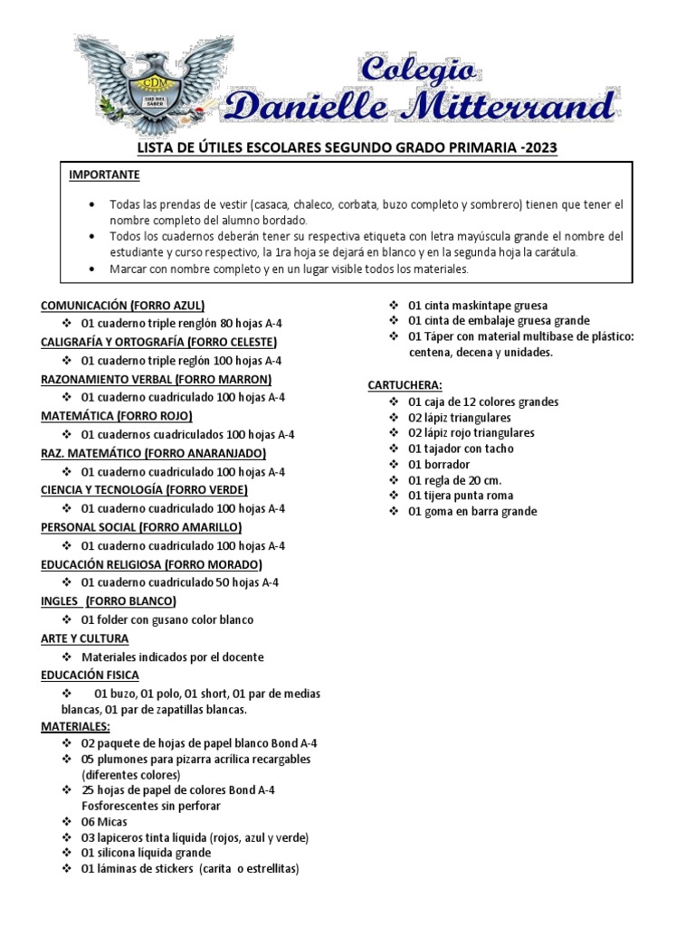 Útiles Escolares Segundo Grado 2023 | PDF | Ligero | Materiales de ...