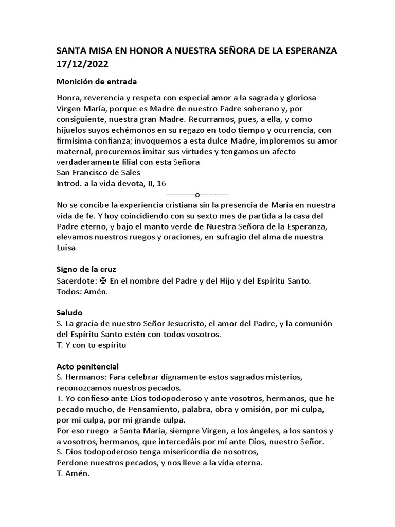 Misa en Honor a Nuestra Señora de la Esperanza | PDF | María, madre de ...
