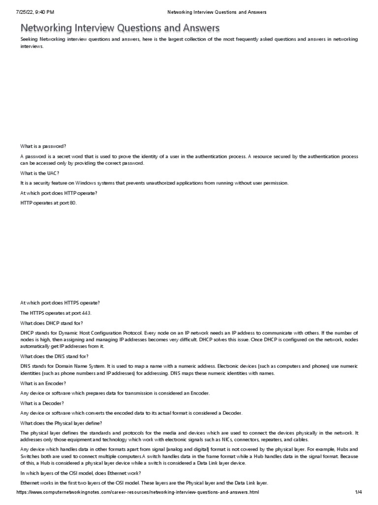 Networking Interview Questions and Answers PDF Computer Network