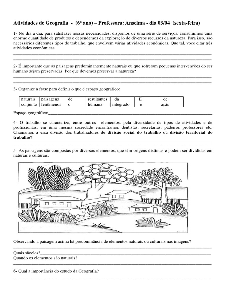 2 Atividade de Geografia 6º Ano Exercícios de Revisão | PDF
