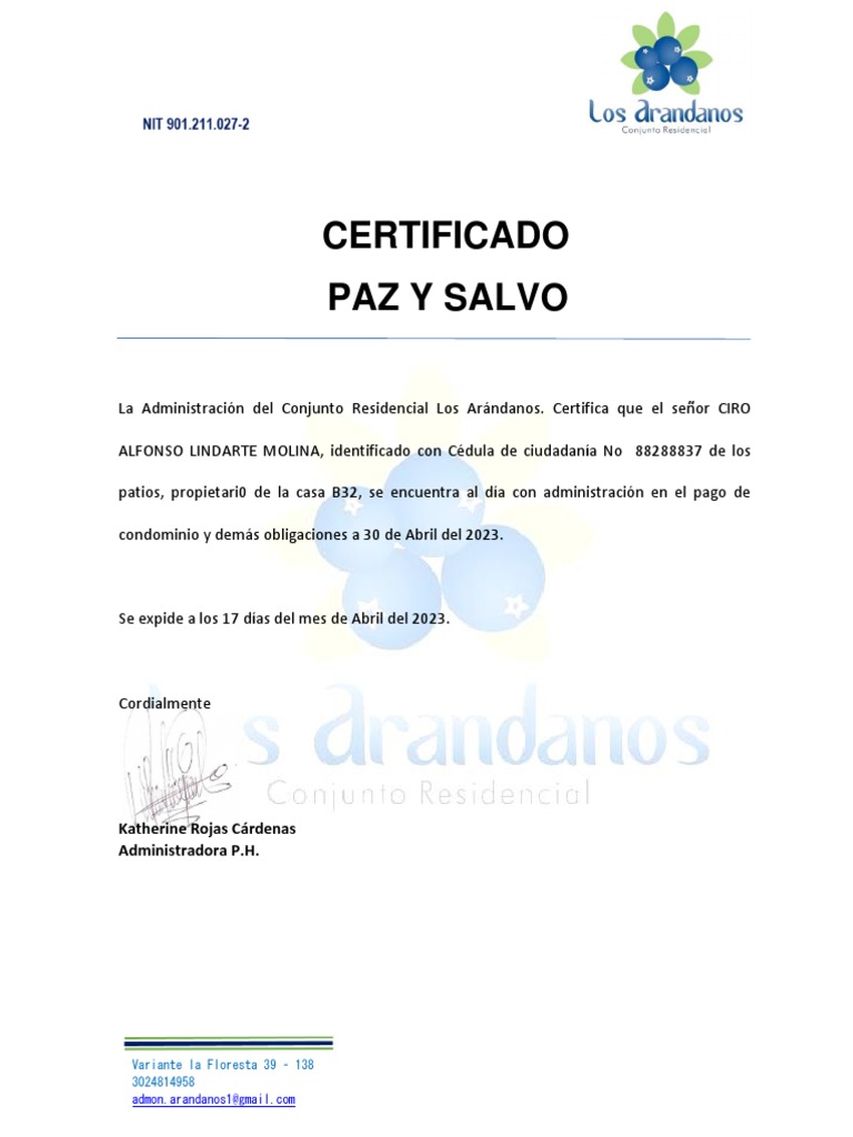 Certificado Paz Y Salvo: Katherine Rojas Cárdenas Administradora P.H | PDF