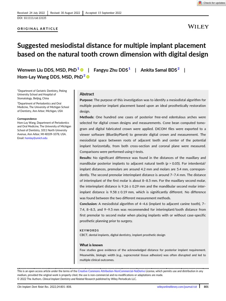Clin Implant Dent Rel Res 2022 Liu Suggested Mesiodistal Distance