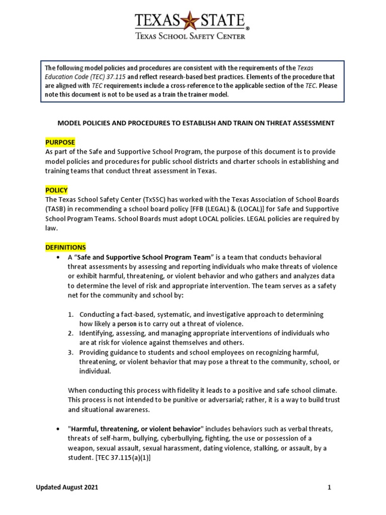 Model Policies And Procedures To Establish And Train On Threat
