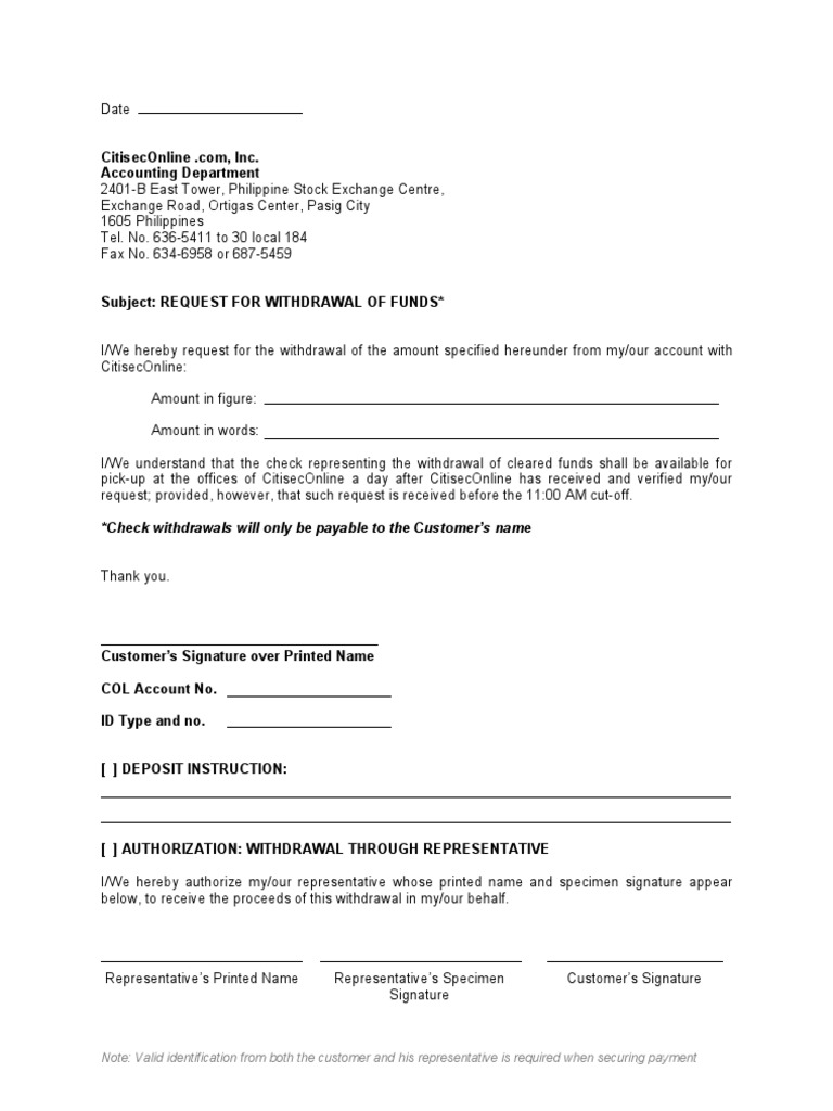 Request For Withdrawal of Funds | PDF | Finance & Money Management