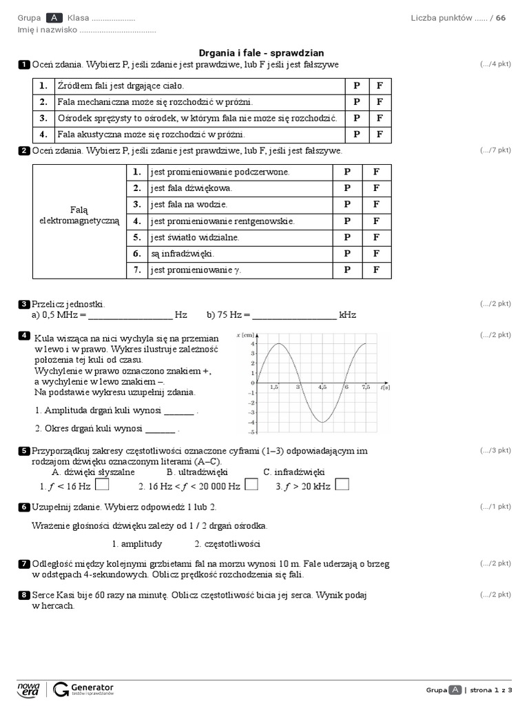 Drgania I Fale Sprawdzian Klasa 8 Grupa B Drgania I Fale - Sprawdzian: Grupa - Strona 1 Z 3 | PDF