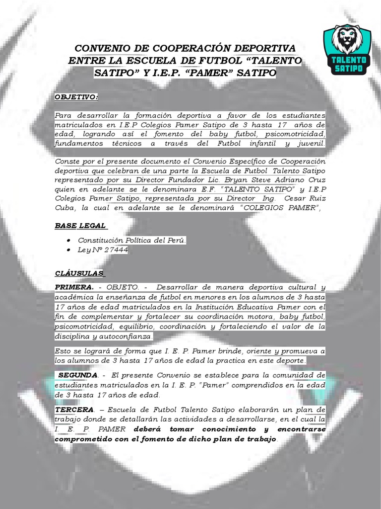Convenio de Cooperación Educativa Entre La Escuela de Futbol Talento ...
