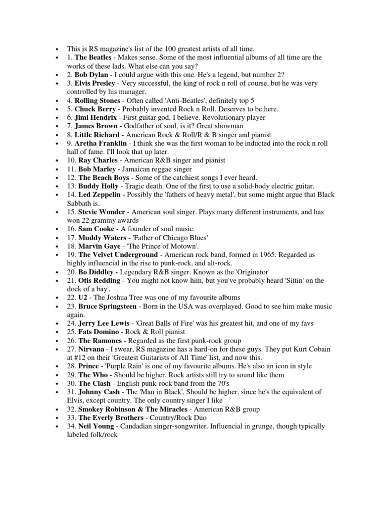 Rolling Stone's 100 Greatest Artists | PDF | Rock Music | Rhythm