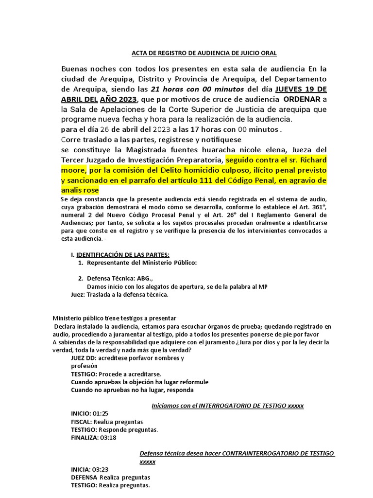 Acta de Registro de Audiencia de Juicio Oral | PDF | Testigo | Homicidio
