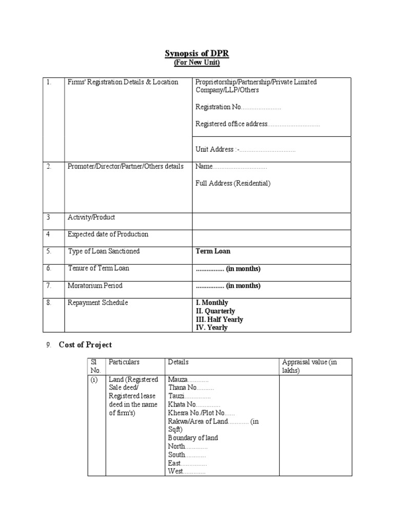 DPR Format for Loan Applications | PDF | Real Estate Appraisal | Sole ...