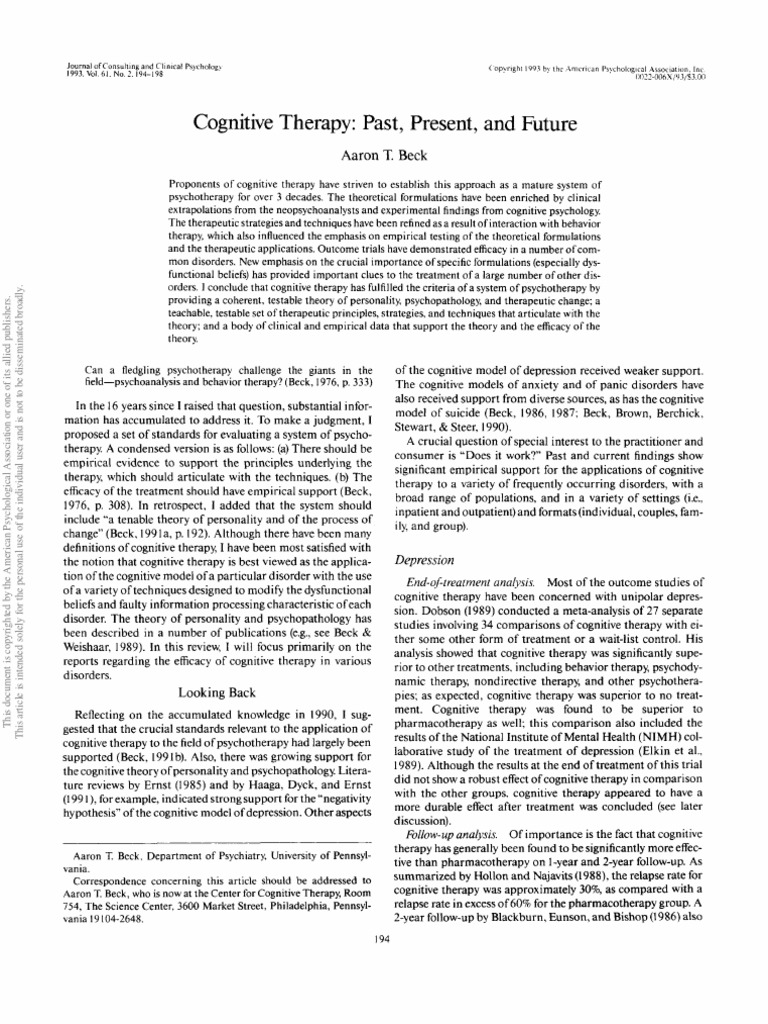 Cognitive therapy past present and future aaron t beck pdf