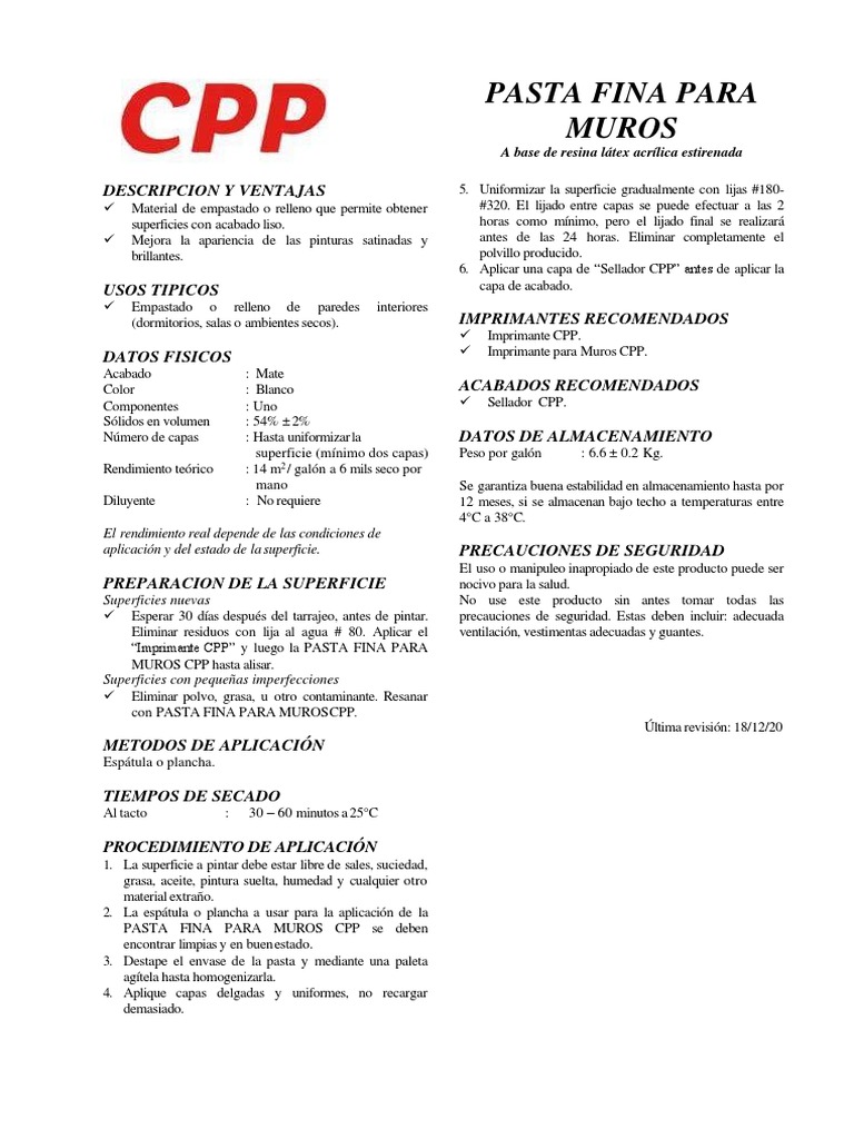 Pasta Fina CPP Fichatecnica Descargar gratis PDF Pintar Materiales