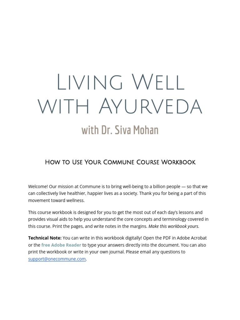 (5 DAY FREE PASS) Living Well With Ayurveda Workbook Siva Mohan PDF