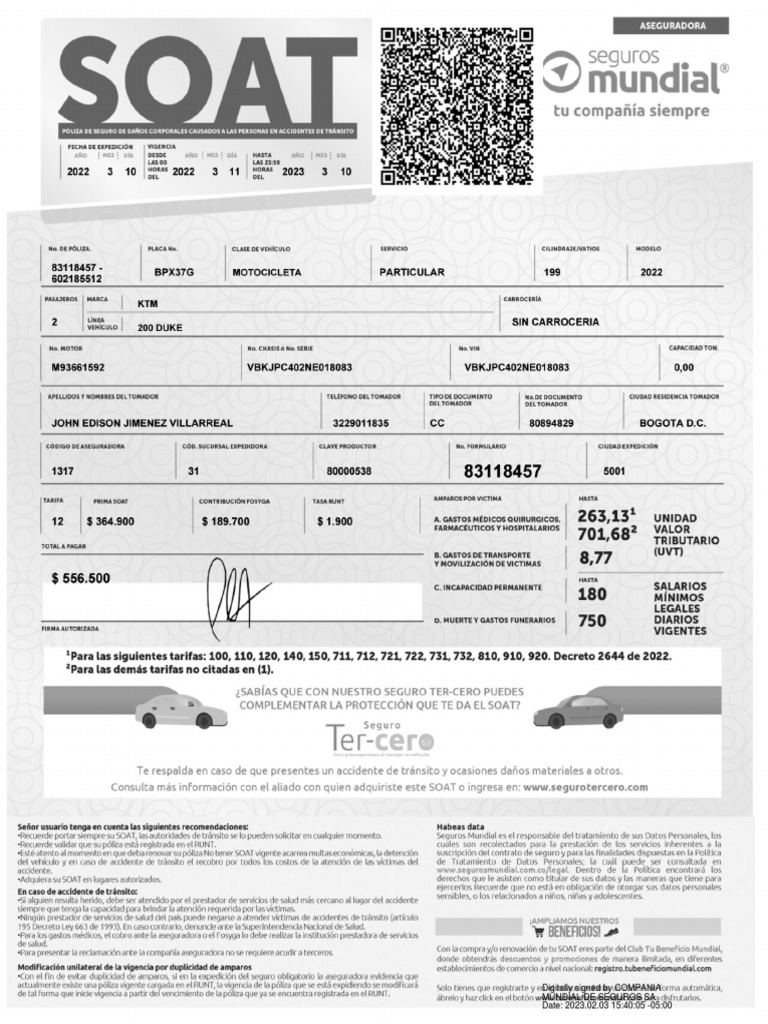 Digitally signed by compania mundial de seguros sa date 2023 02 03 15 