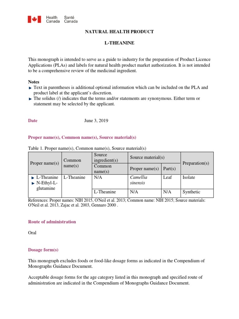 LTheanine Monograph Health Canada Download Free PDF Assay
