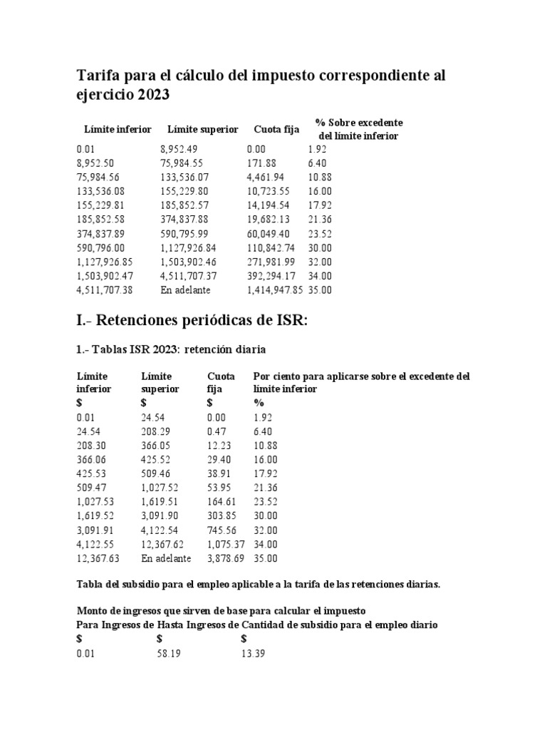 Tarifas ISR 2023: Cálculo y Retenciones | PDF | Impuesto sobre la renta ...
