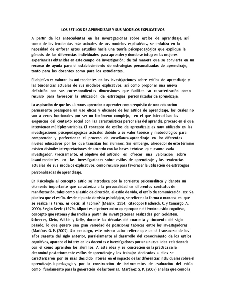 Estilos de Aprendizaje y Modelos Explicativos | PDF | Aprendizaje ...