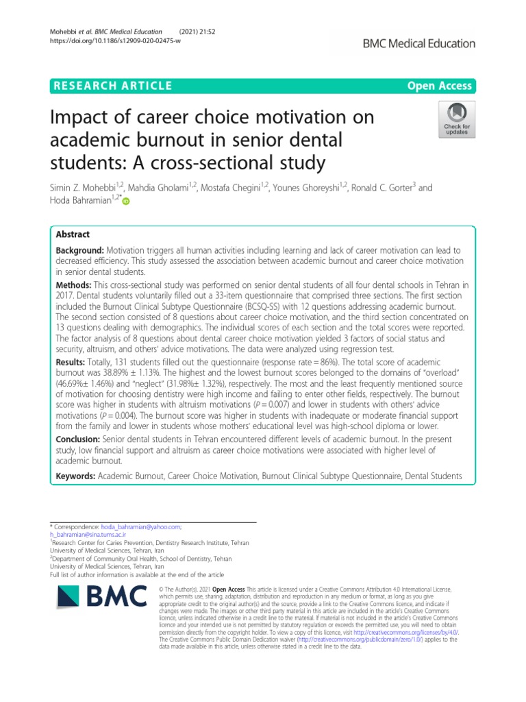 Impact of Career Choice Motivation On Academic Burnout in Senior Dental