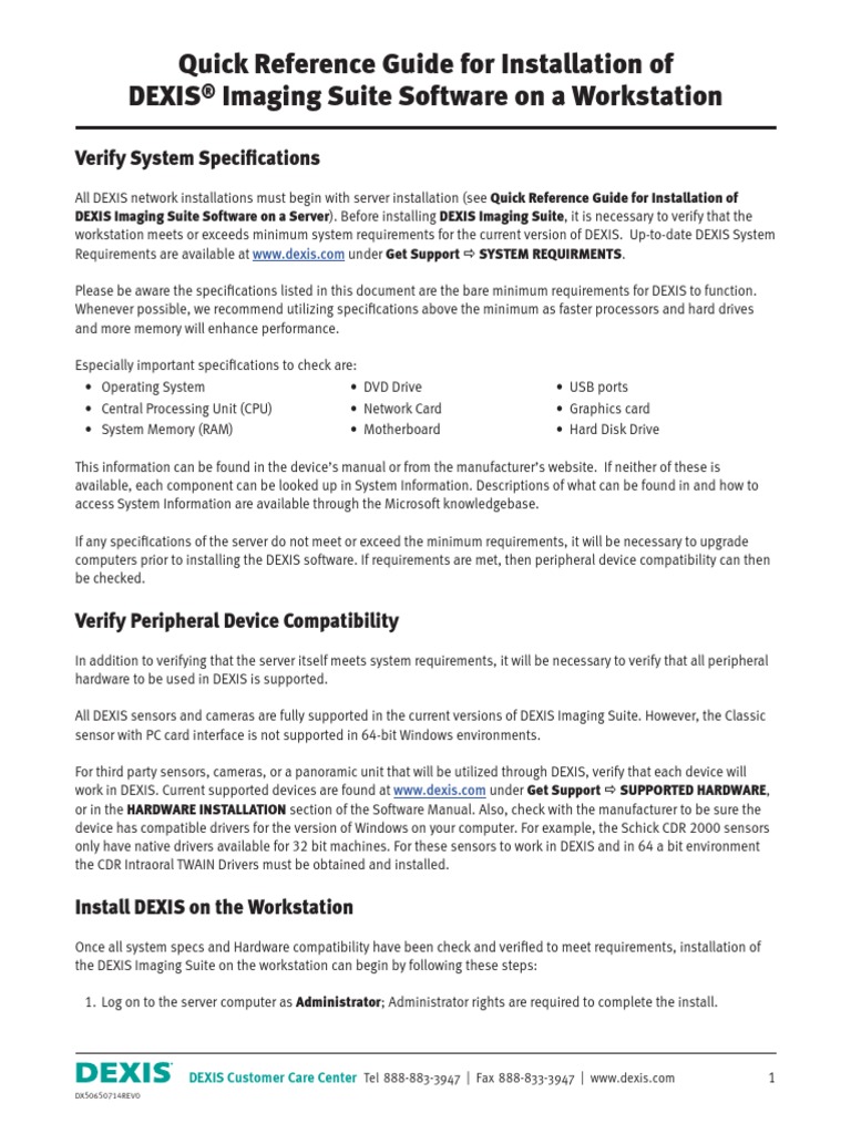 Quick Reference Guide For Installation of Dexis Imaging Suite Software