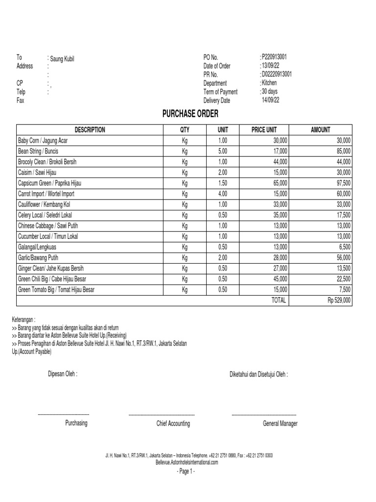Hotel Purchase Order for Kitchen Supplies | PDF | Foods | Cuisine