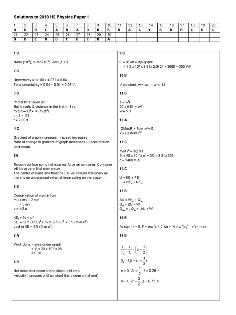 2019 H2 Physics Paper 1 - Suggested Solution | PDF | Force | Mechanical ...