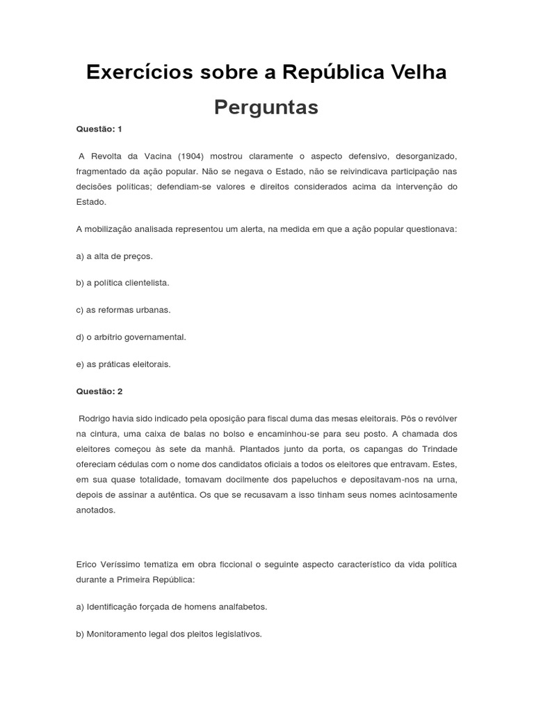 Exercícios Sobre A República Velha | PDF | Governo | Brasil