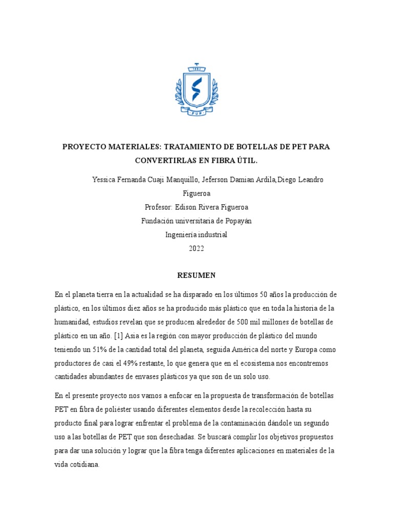 Reciclaje de Botellas PET a Fibra Útil | PDF | Fibra sintética | El ...